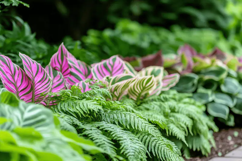 Massif ombragé mêlant hostas, fougères, heuchères et astilbes près d’un mur clair.