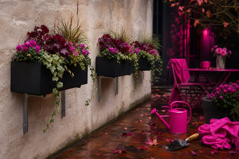 Jardinières suspendues garnies de lierre, carex et heuchères sur un mur extérieur.