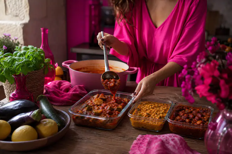 Portions de ratatouille, dahl et chili préparées pour plusieurs repas