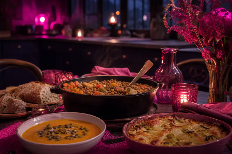 Table d’hiver avec soupe fumante, mijoté en cocotte et gratin doré