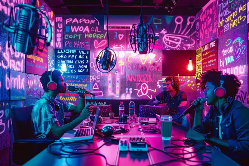 Femme écoutant un podcast et prenant des notes à une table automnale