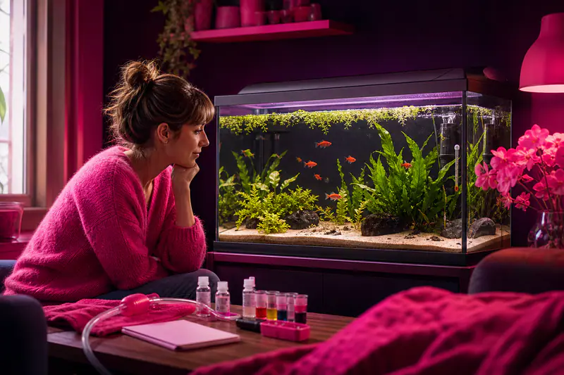 Aquarium planté avec platys et matériel de test pour débuter sereinement