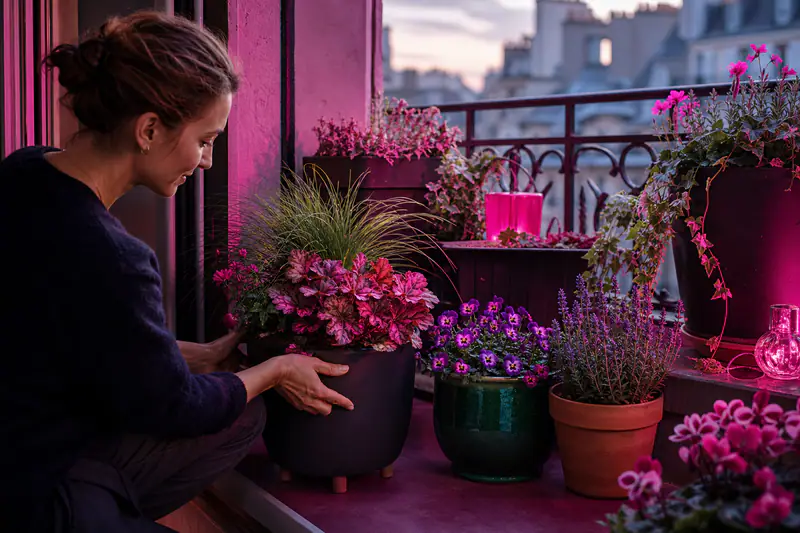 Composition automnale de pots fleuris en terre cuite et résine sur balcon.