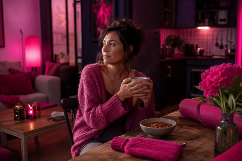 Rituel d’hiver avec tisane, soupe chaude, tapis de yoga et bouillotte