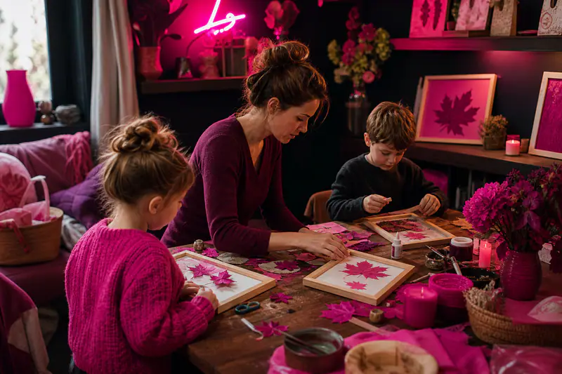 Une famille réalise des cadres de feuilles séchées pour décorer son salon.