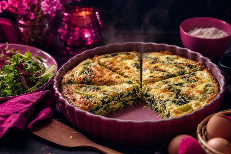 Quiche sans pâte aux poireaux servie chaude avec une salade verte