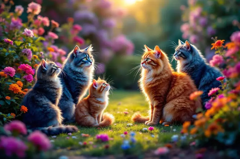 Quatre chats de races rares dans un intérieur lumineux et sécurisé