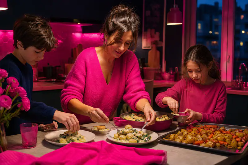 Mère et enfants préparent un dîner rapide dans une cuisine familiale d’hiver