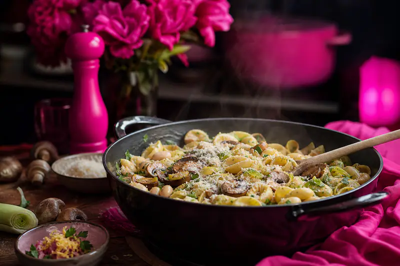 Sauteuse de pâtes one-pot aux poireaux, champignons et haricots blancs