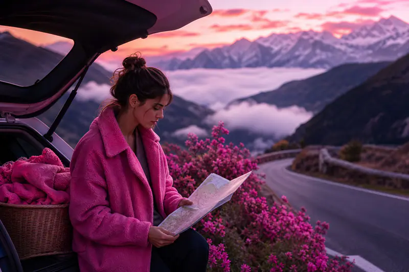 Voiture arrêtée face aux montagnes sur une route alpine en automne