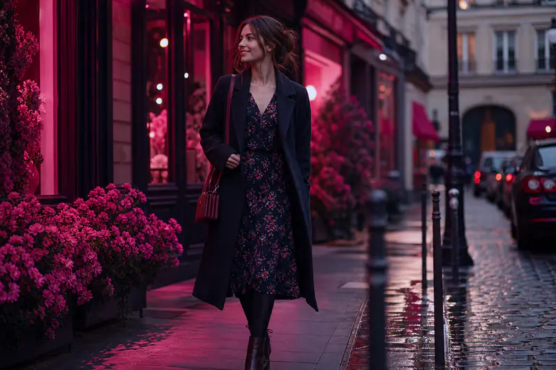 Femme en robe fleurie sombre avec manteau uni et bottines en hiver