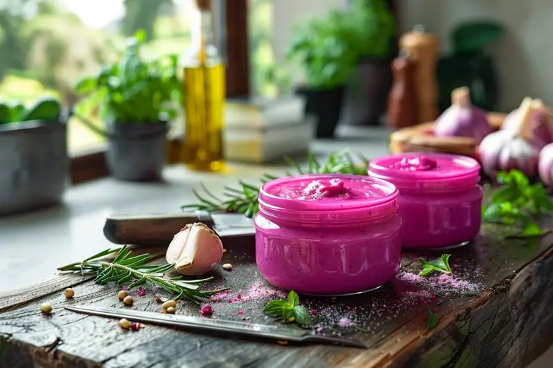 Six sauces maison colorées entourées de légumes rôtis et de pâtes