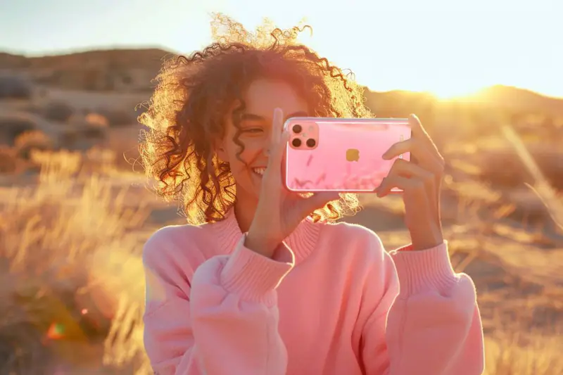Femme photographiant une rue automnale avec son smartphone tenu à deux mains