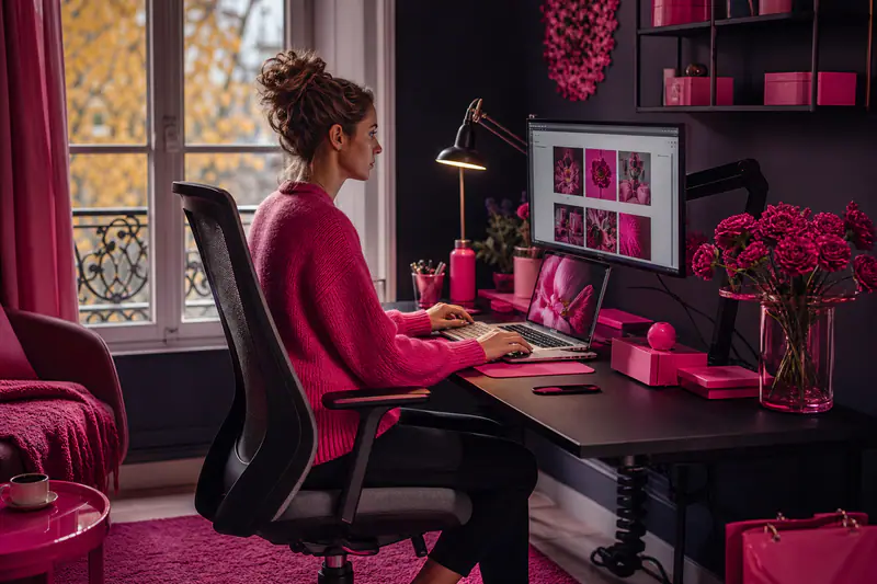 Bureau ergonomique high-tech avec écran réglable, lampe et poste de télétravail organisé