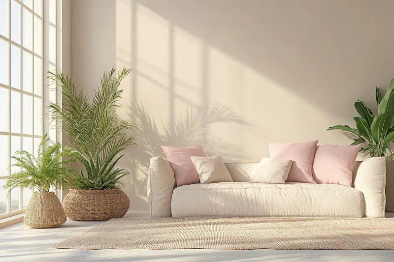 Salon minimaliste chaleureux avec canapé en lin, tapis en laine et lampe douce