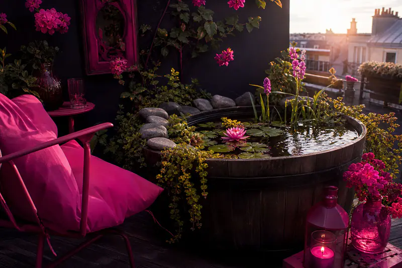 Petit bassin aquatique planté dans un tonneau sur une terrasse ensoleillée