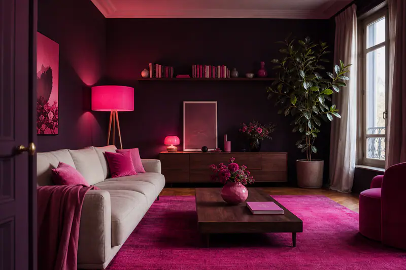 Salon épuré et chaleureux avec tapis en laine, bois et lumières douces