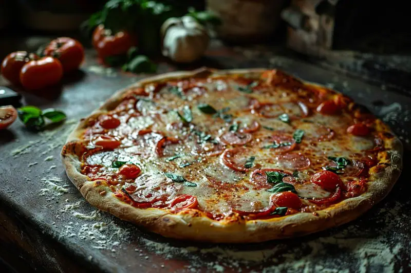Pizza margherita maison à croûte gonflée devant un four très chaud