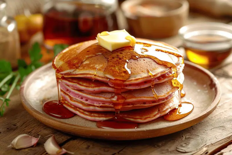 Pile de pancakes fluffy dorés avec yaourt, poire et pistaches