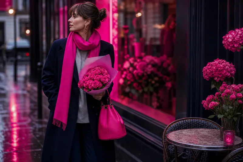 Femme en jean droit, blazer marine et manteau camel en hiver