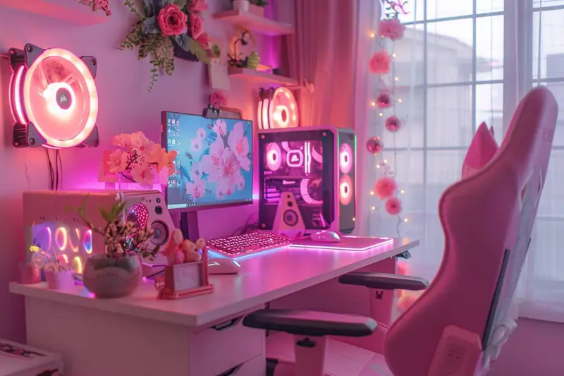 Setup gaming féminin chaleureux avec bureau en bois clair et éclairage lilas discret