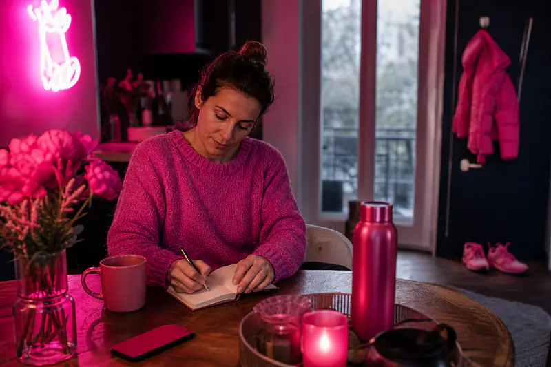Femme organisant calmement ses priorités du matin dans une cuisine d’hiver