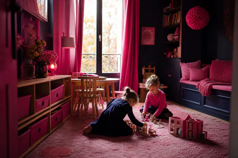 Salle de jeux enfant rangée avec tapis, bacs bas, table créative et coin lecture