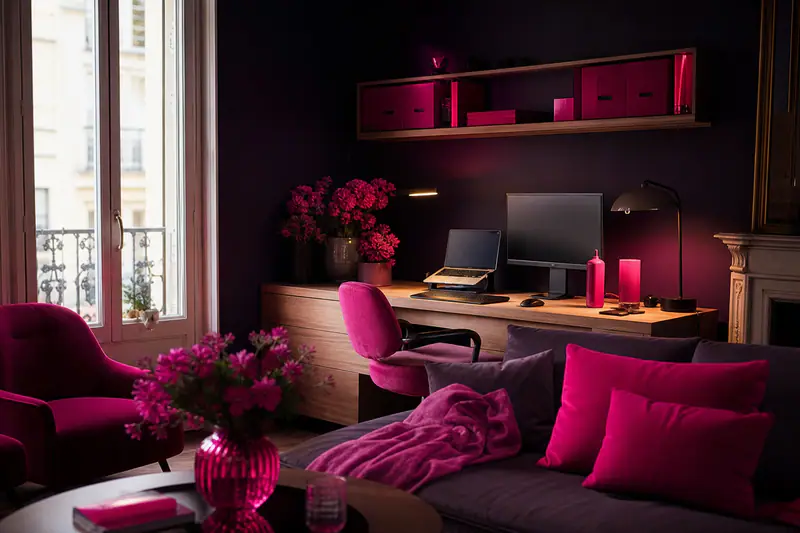 Bureau en chêne discret installé derrière un canapé dans un salon lumineux.