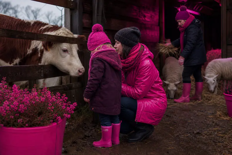 Un enfant observe une vache avec sa mère dans une ferme en hiver