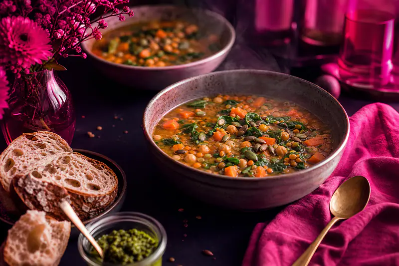 Deux bols de soupe-repas aux légumes, lentilles et graines sur une table d’automne.