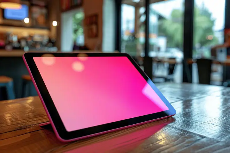 Femme comparant une tablette 11 pouces et un smartphone sur une table.