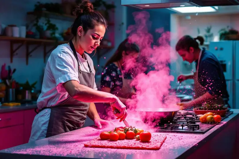 Poêle, légumes rôtis et panier vapeur illustrant plusieurs techniques de cuisson.