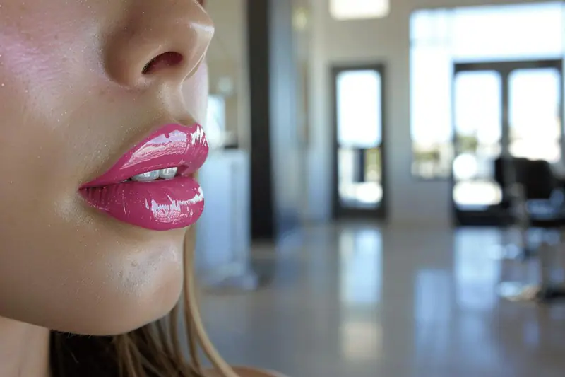 Femme appliquant un crayon nude et un gloss sur des lèvres hydratées