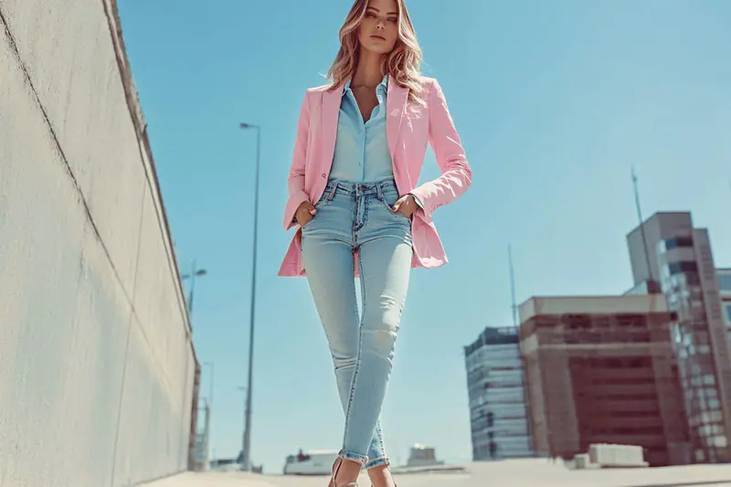 Femme en jean écru et tee-shirt blanc aux accessoires en cuir.