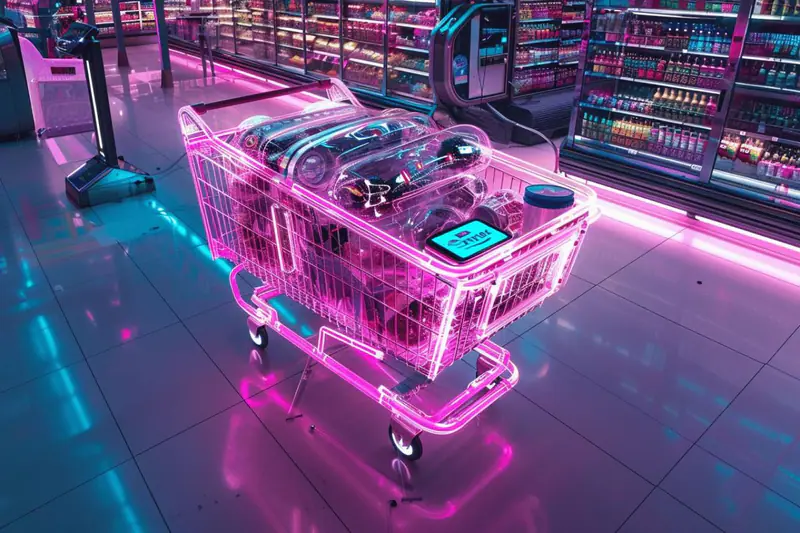 Cliente scannant ses courses avec son smartphone dans un supermarché moderne