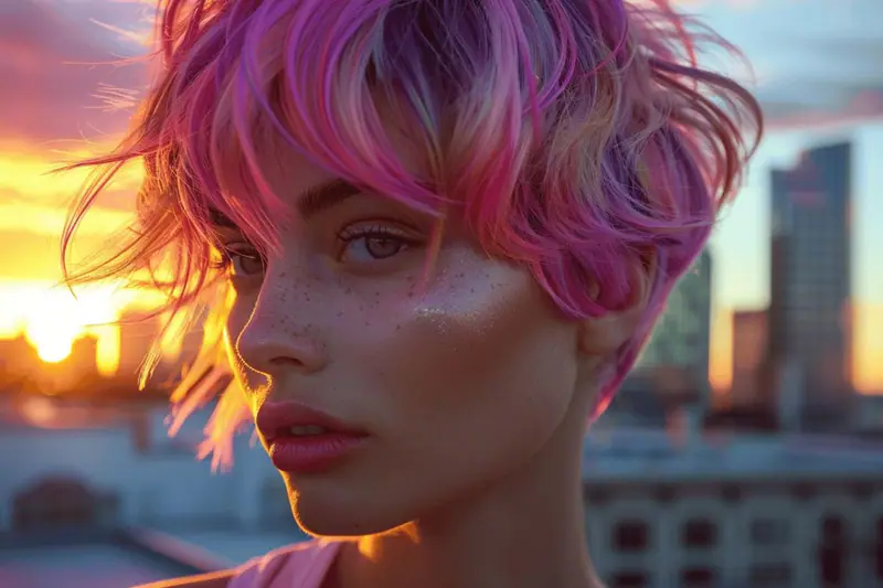 Coiffeuse texturisant une coupe bixie courte dans un salon lumineux