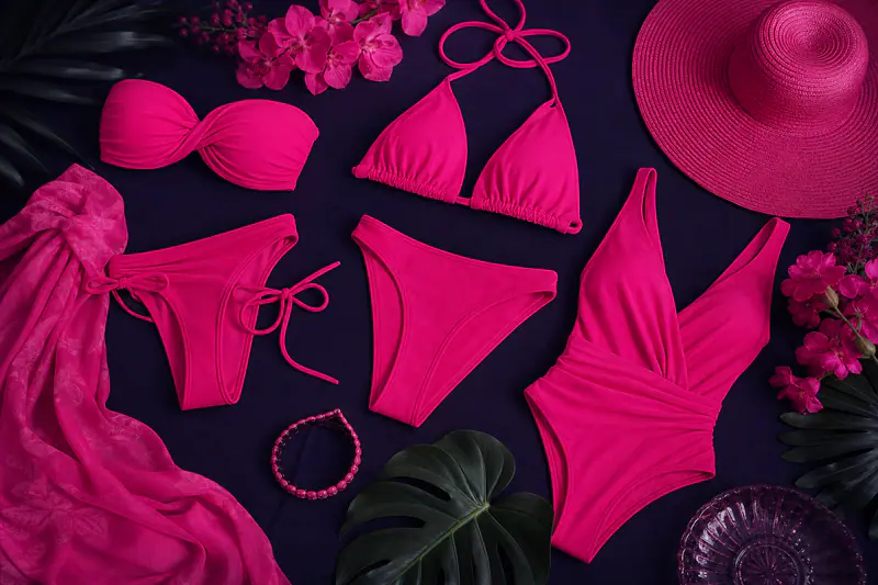 Cinq femmes portent des maillots tendance aux coupes et maintiens variés.