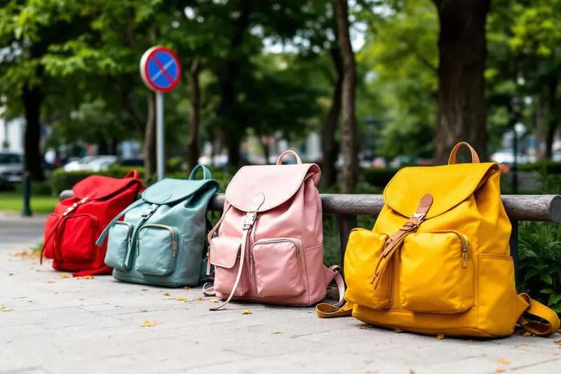 Femme portant un sac à dos brun structuré avec manteau d’hiver