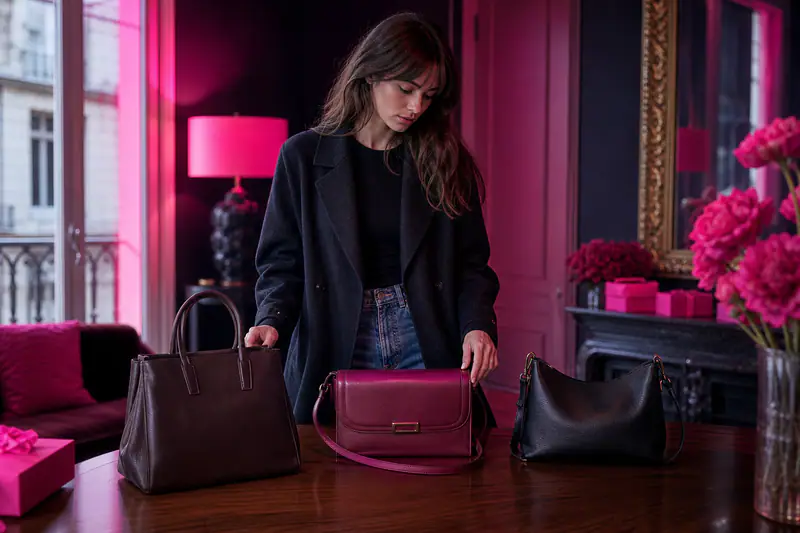 Trois sacs intemporels en cuir posés avec un manteau d’hiver
