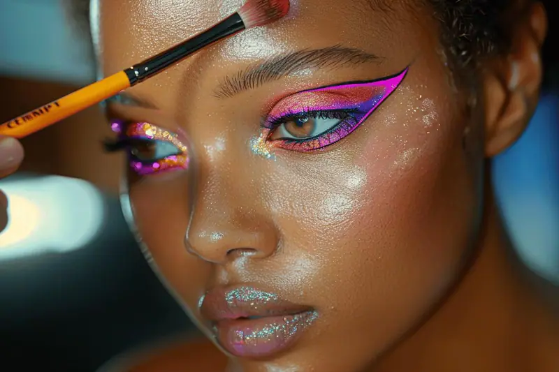 Maquillage hivernal avec teint satiné, smoky brun et lèvres cerise floutées