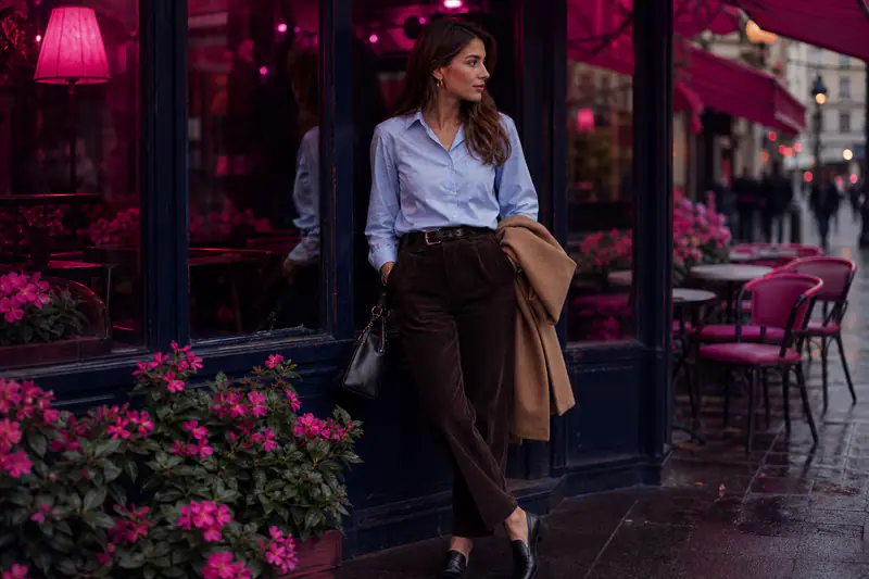 Femme portant un pantalon en velours côtelé chocolat avec chemise et mocassins