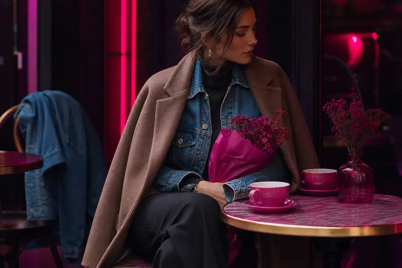 Veste en jean superposée sous un manteau en laine à l'automne
