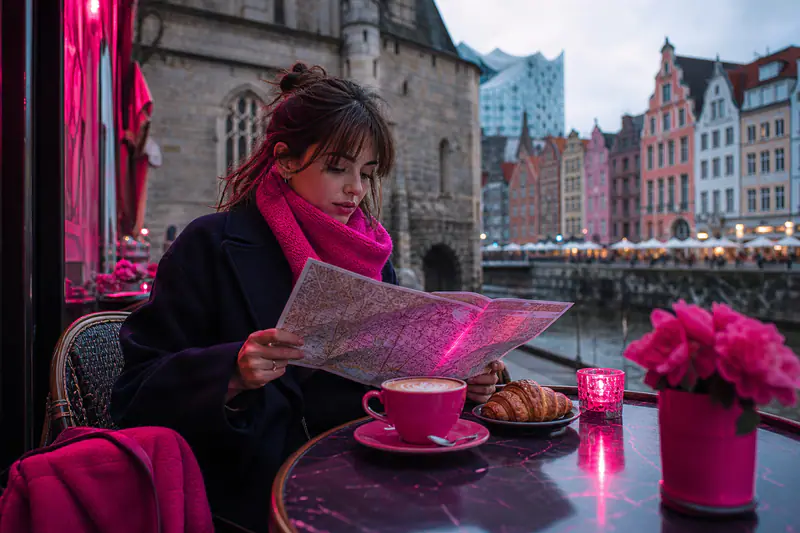Voyageuse préparant un city break dans une ville européenne méconnue