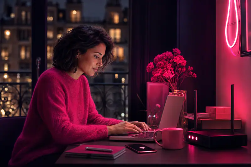 Télétravailleuse utilisant un smartphone 5G près d’une box fibre à Paris