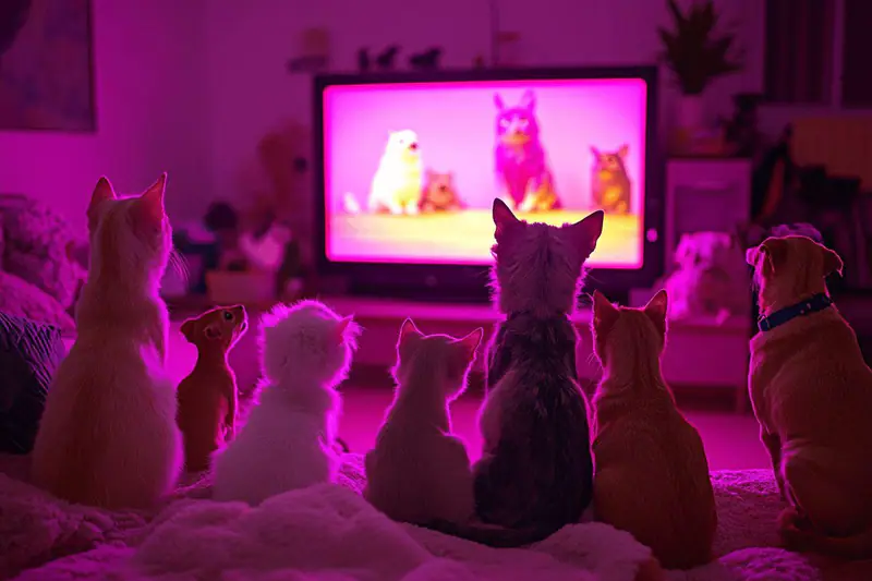 Chien au repos et chat observant une télévision dans un salon calme