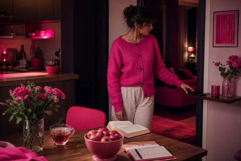Téléphone posé loin du canapé pendant une soirée d’automne apaisée