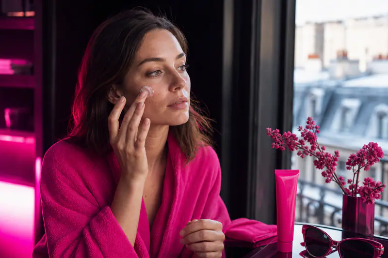 Femme appliquant une crème solaire devant une fenêtre lumineuse en hiver