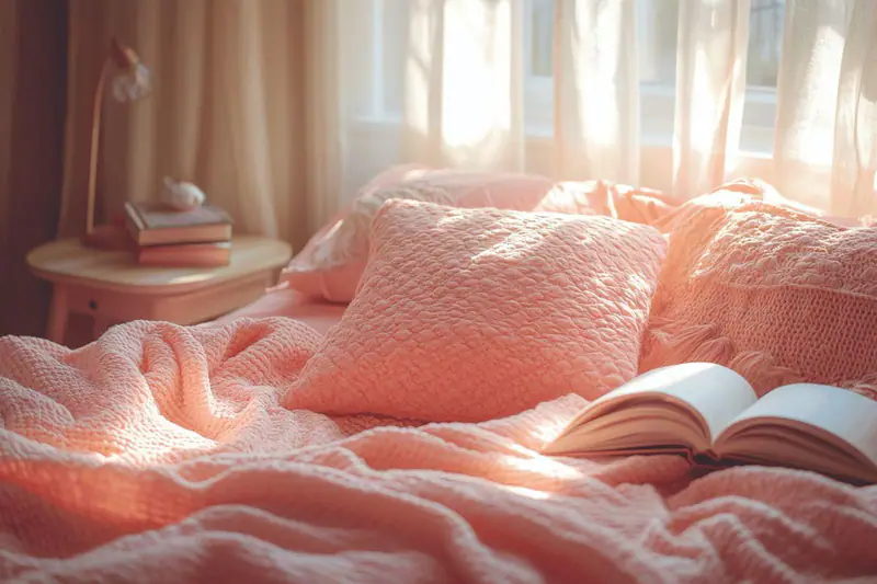 Femme reposant sur un canapé lumineux, téléphone éloigné et livre ouvert