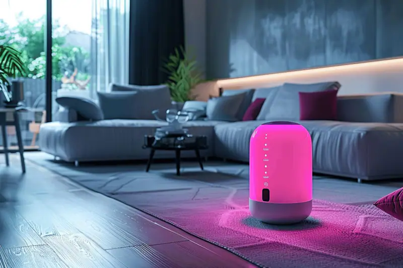 Femme réglant un thermostat connecté dans un salon habité en hiver.