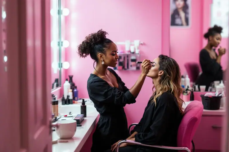 Femme retirant un masque, teint fixé et poudre compacte sur le comptoir